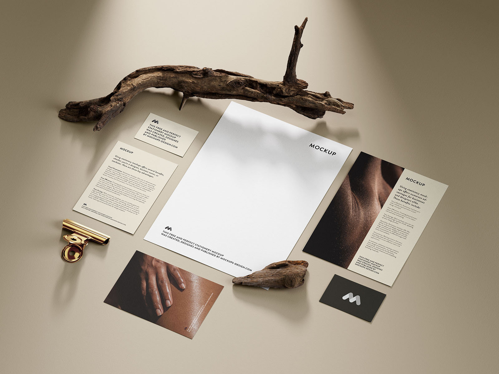 5 Shots of Stationery Mockup with Branches FREE PSD