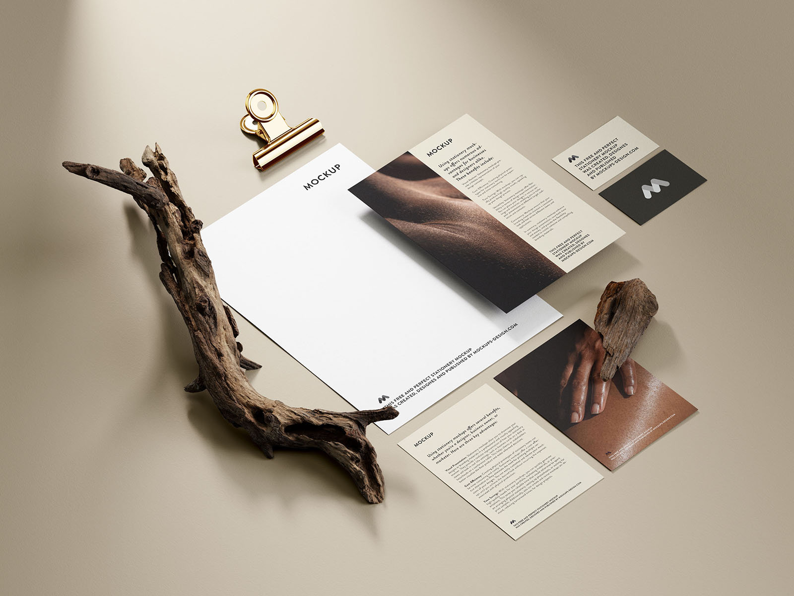 5 Shots of Stationery Mockup with Branches FREE PSD