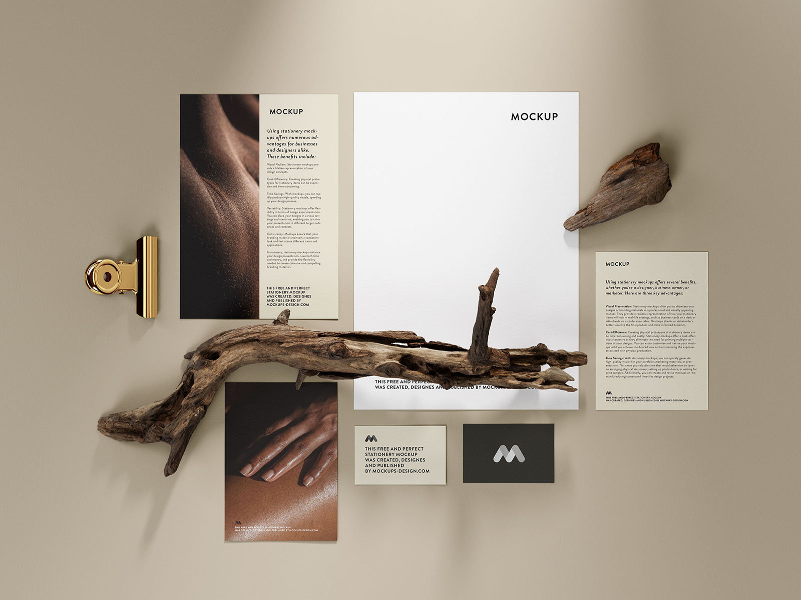 5 Shots of Stationery Mockup with Branches FREE PSD