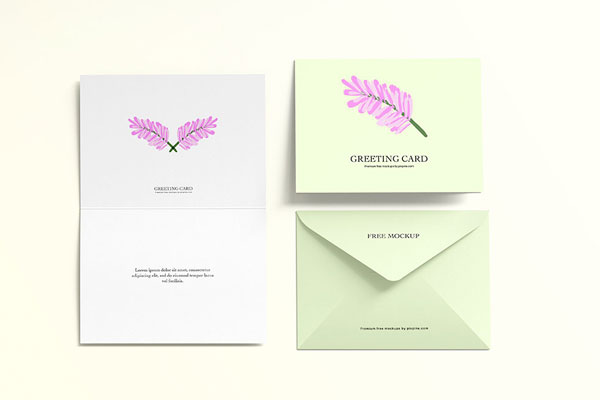 Bi Fold Greeting Card Mockup with Envelope in Top View FREE PSD
