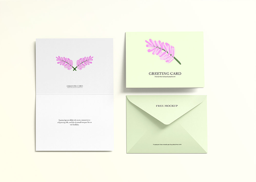 Bi Fold Greeting Card Mockup with Envelope in Top View FREE PSD