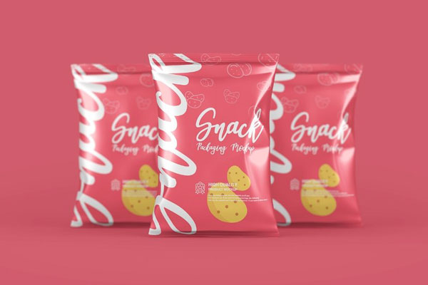 Chips Snacks Foil Pack Mockup in 3 Visions FREE PSD