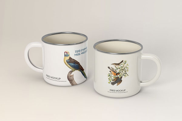 Facing View of Two Enamel Mug Mockup FREE PSD