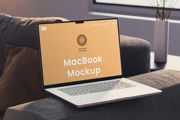 Macbook Laptop Mockup in Perspective Scene FREE PSD