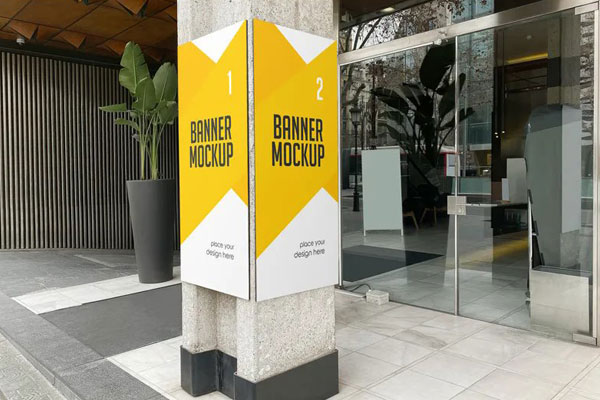 2 Sights of Banner Advertising Mockup on Cement Pole FREE PSD