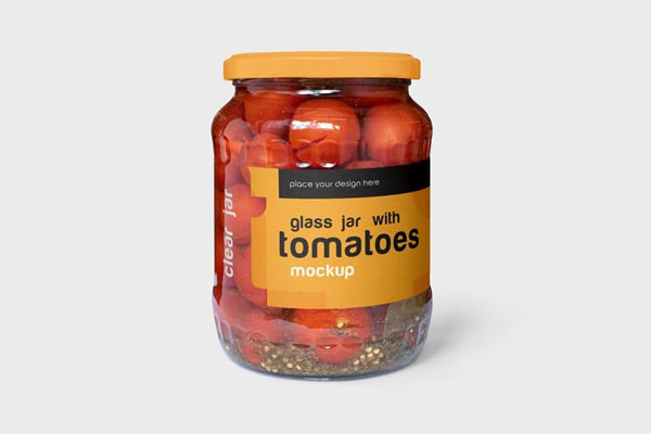 4 Shots of Clear Glass Jar Mockup with Tomatoes FREE PSD