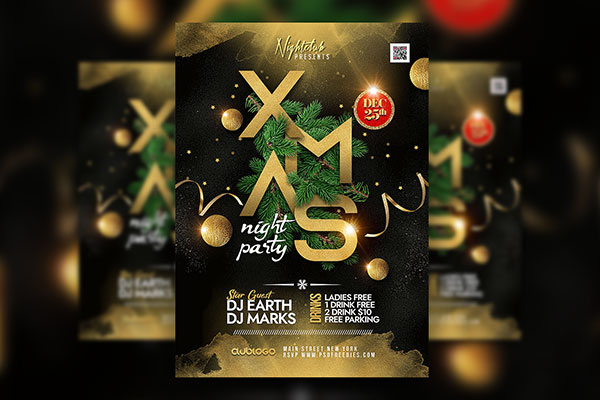 Black and Gold Merry Christmas Event Party Flyer Template FREE PSD