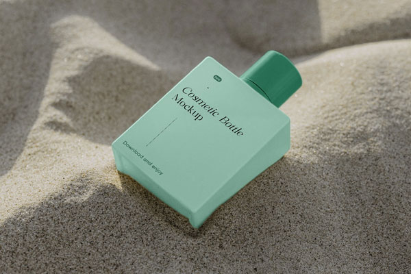 Perspective Vision of Square Bottle Mockup on Sand FREE PSD