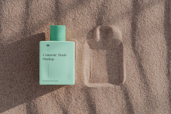 Top Showcase of Lying Bottle Mockup on Sand FREE PSD
