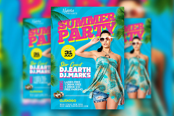 Vivid Blue Summer Theme Party Flyer Template FREE PSD