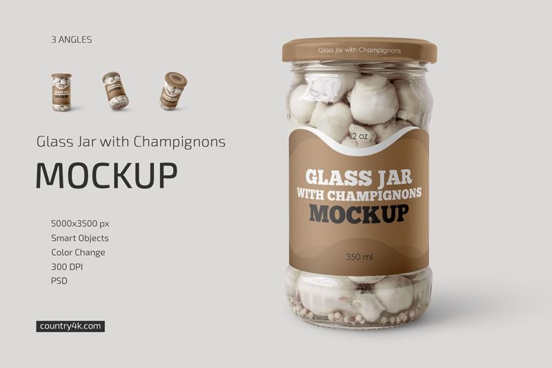 3 Showcases of Glass Jar Mockup with Champignons Free Download