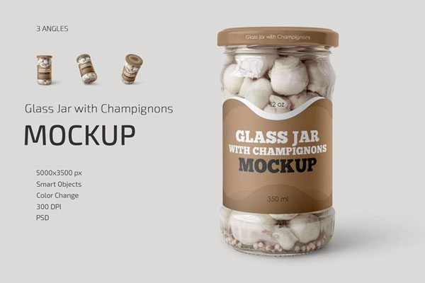 3 Showcases of Glass Jar Mockup with Champignons FREE PSD