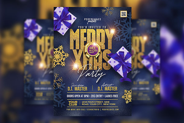 Blue Gold Xmas Party Flyer Template FREE PSD
