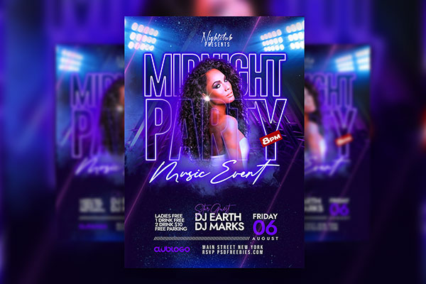 Neon Blue Midnight Club DJ Party Flyer Template FREE PSD