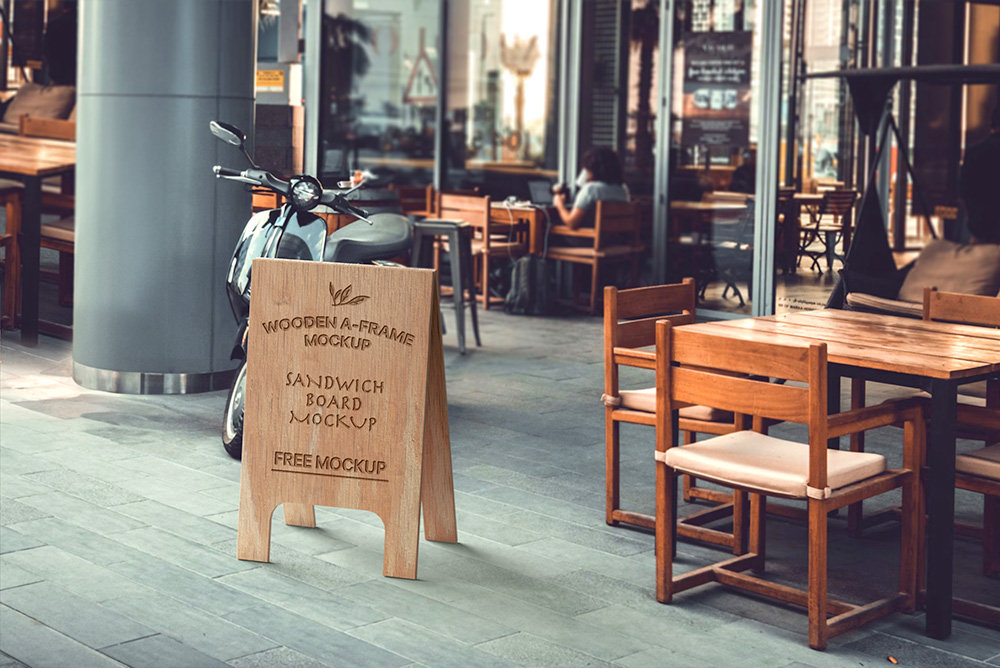 Wooden A Frame Sandwich Board Mockup in Perspective Vision FREE PSD