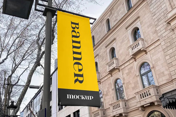 Hanging Banner Mockup in Perspective View FREE PSD