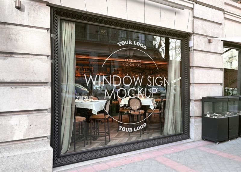 Restaurant Window Logo Mockup in Perspective View FREE PSD