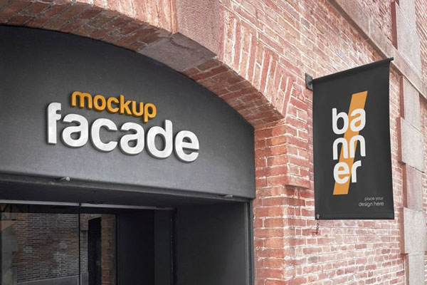 Shop Facade Mockup with Banner in Perspective View FREE PSD