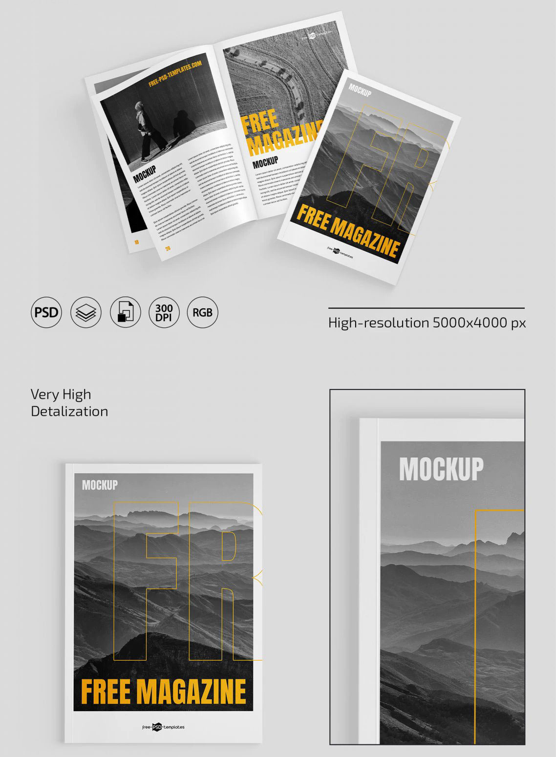 3 Overhead Views of Magazine Mockup FREE PSD