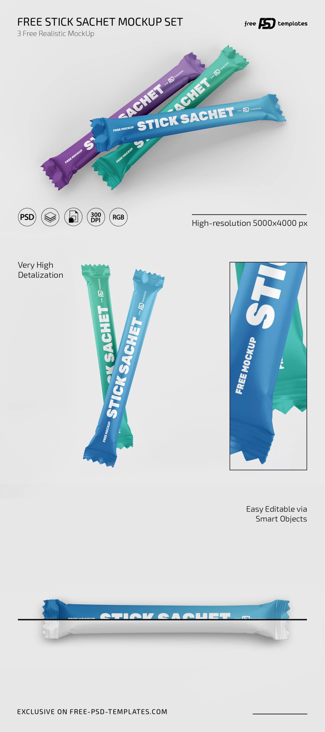 3 Shots of Stick Sachet Mockup FREE PSD