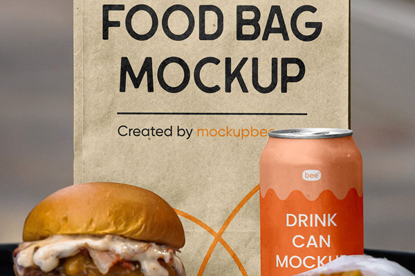 Facing View of Food Bag Mockup with Soda Can FREE PSD