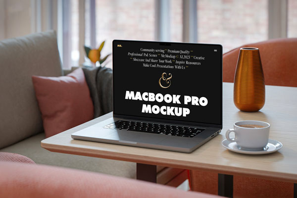 Perspective Sight of MacBook Pro Mockup on Table FREE PSD