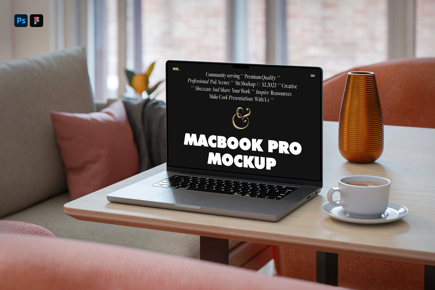 Perspective Sight of MacBook Pro Mockup on Table FREE PSD