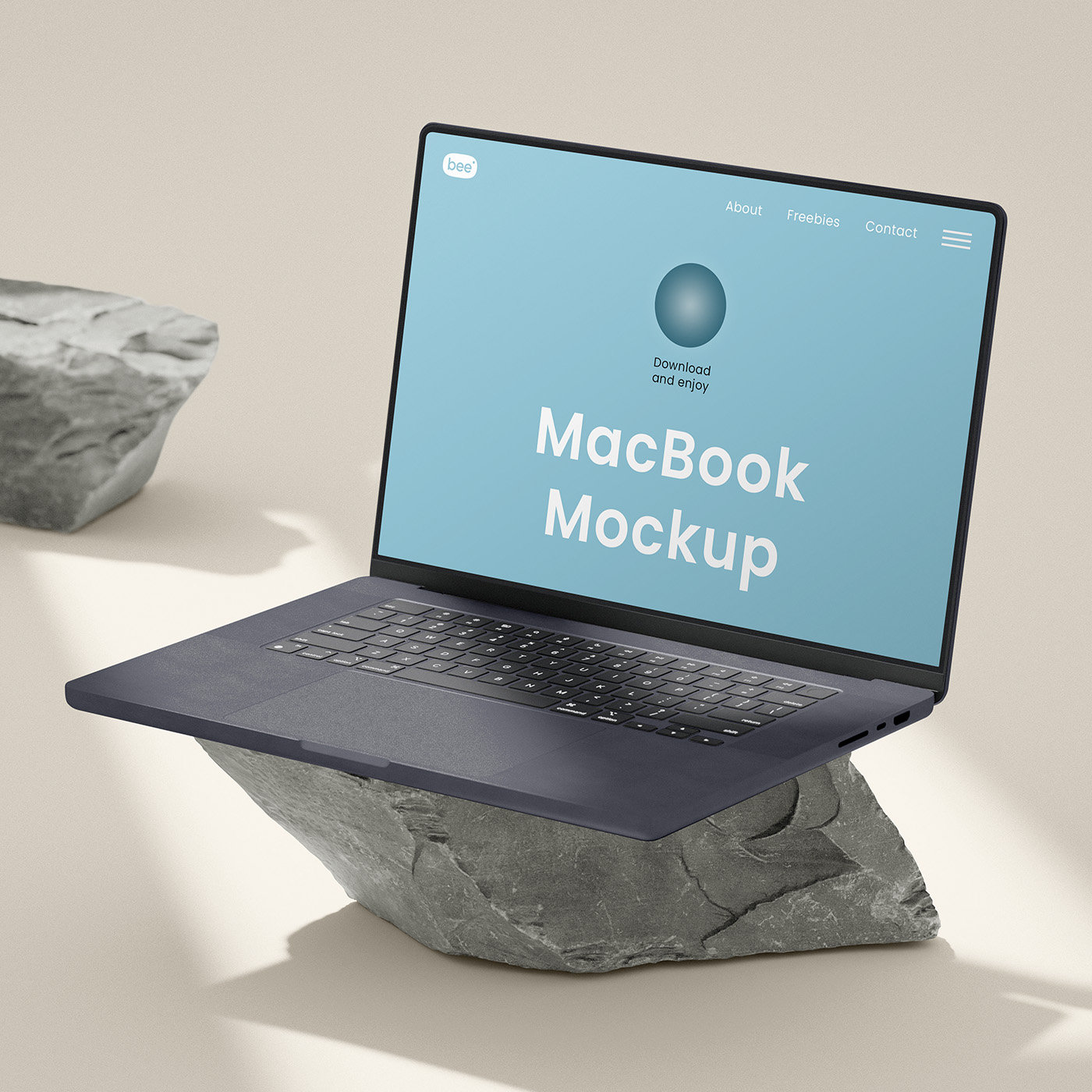 Perspective View of MacBook Mockup on Stone FREE PSD