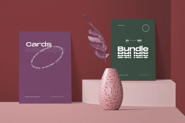 2 Paper Cards Mockup with Plant Vase in Front View FREE PSD