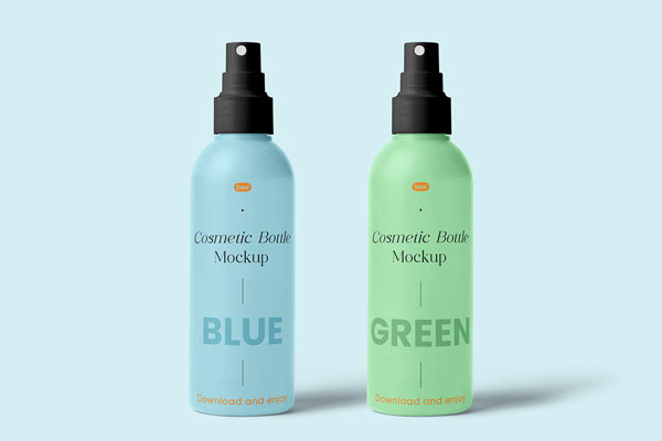 2 Standing Cosmetic Spray Bottles Mockup in Front View FREE PSD
