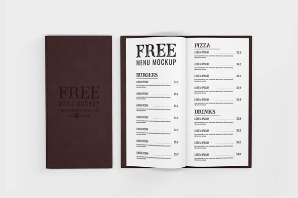 3 Showcases of Menu Mockup with Leather Cover FREE PSD