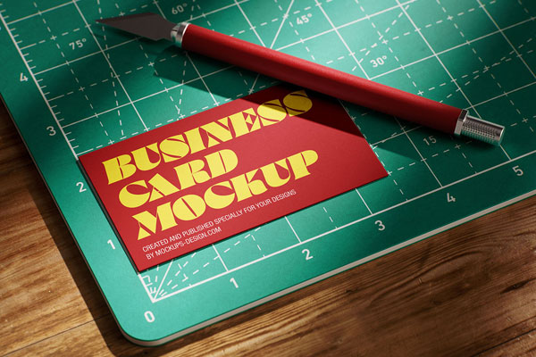 4 Business Card Mockups on Cutting Matt with Precision Knife FREE PSD