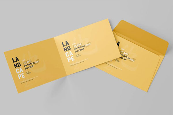 4 Shots of Bi-Folded Invitation Card Mockup with Envelope FREE PSD