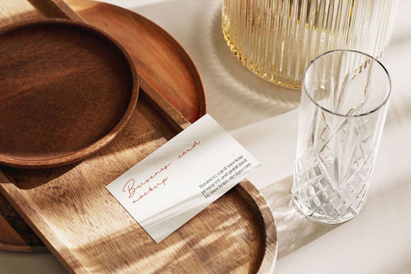 5 Business Card Mockups with Crystals, and Wooden Decorations FREE PSD