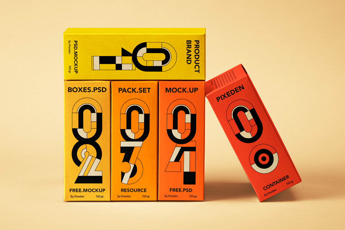 Branding Mockup of 5 Tall Boxes in Front View FREE PSD