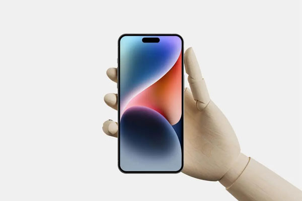 Facing View of Wooden Hand Holding iPhone 14 Pro Max Mockup FREE PSD