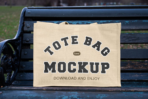 Front Sight of Tote Bag Mockup on Hyde Park Bench FREE PSD