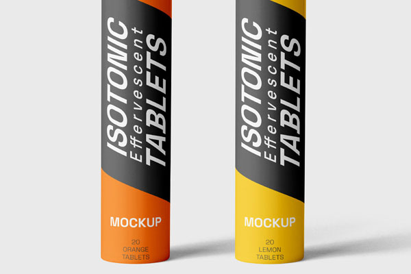 Front View of 2 Tall Standing Bottles of Effervescent Tablets Mockup FREE PSD