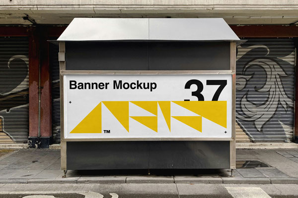 Horizontal Banner on Newspaper Stand Mockup in Front Angle FREE PSD