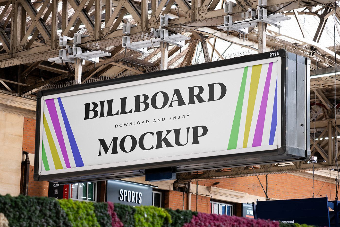 Perspective View of Billboard on Victoria Station Mockup FREE PSD