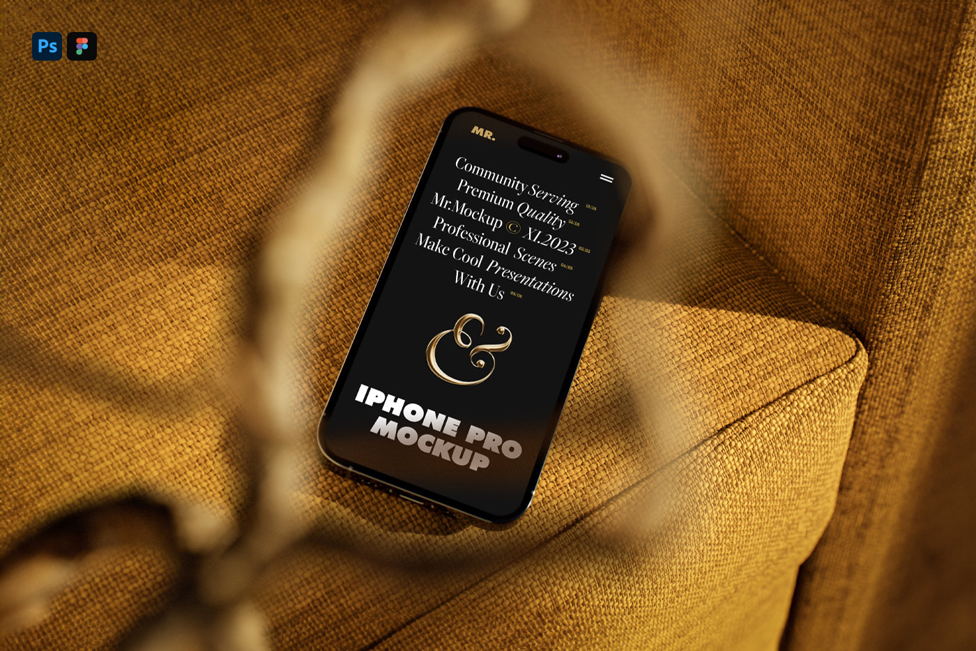 Perspective View of iPhone 14 Mockup on Armchair FREE PSD