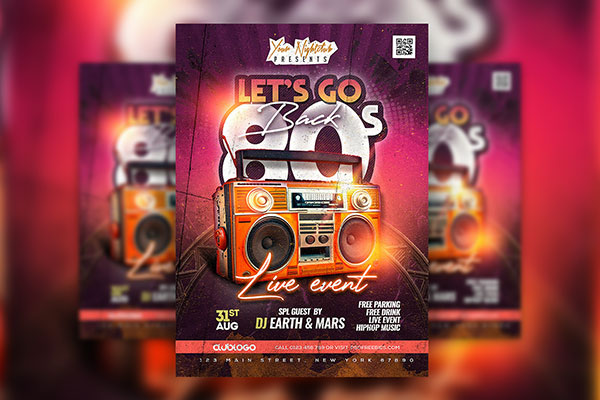 Vintage Back To 80s Night Club Party Flyer Template FREE PSD