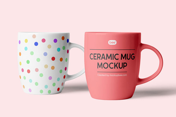 2 Ceramic Mugs Mockup in Front View FREE PSD