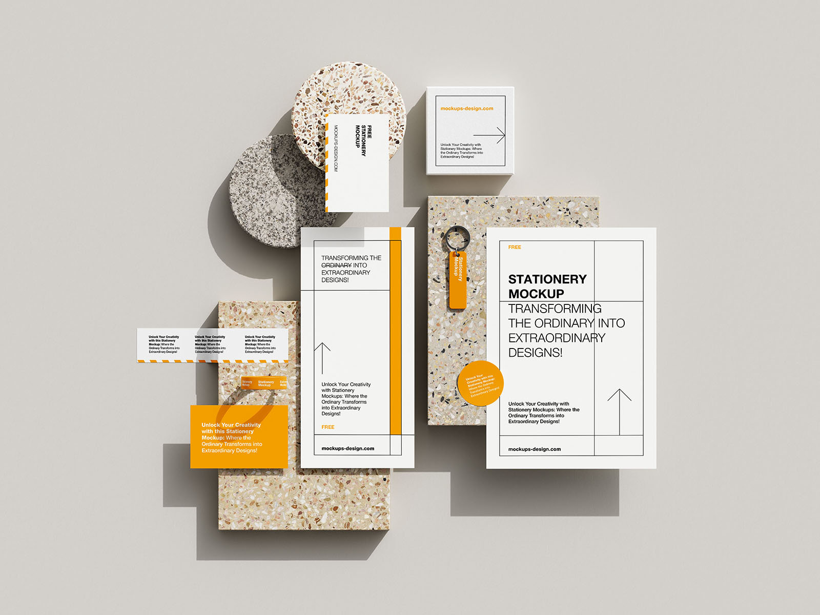 4 Shots of Stationery Mockup on Terrazzo Stone FREE PSD