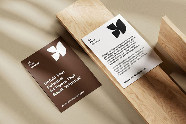 5 Shots of A4 Flyer Mockup on Wooden Board FREE PSD