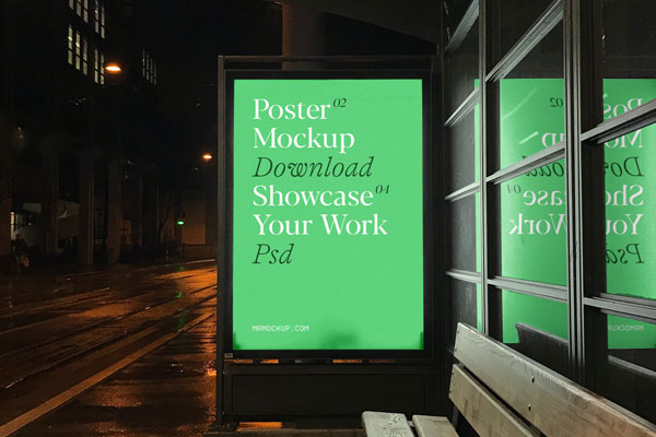 Front View Bus Stop Poster at Night Mockup FREE PSD