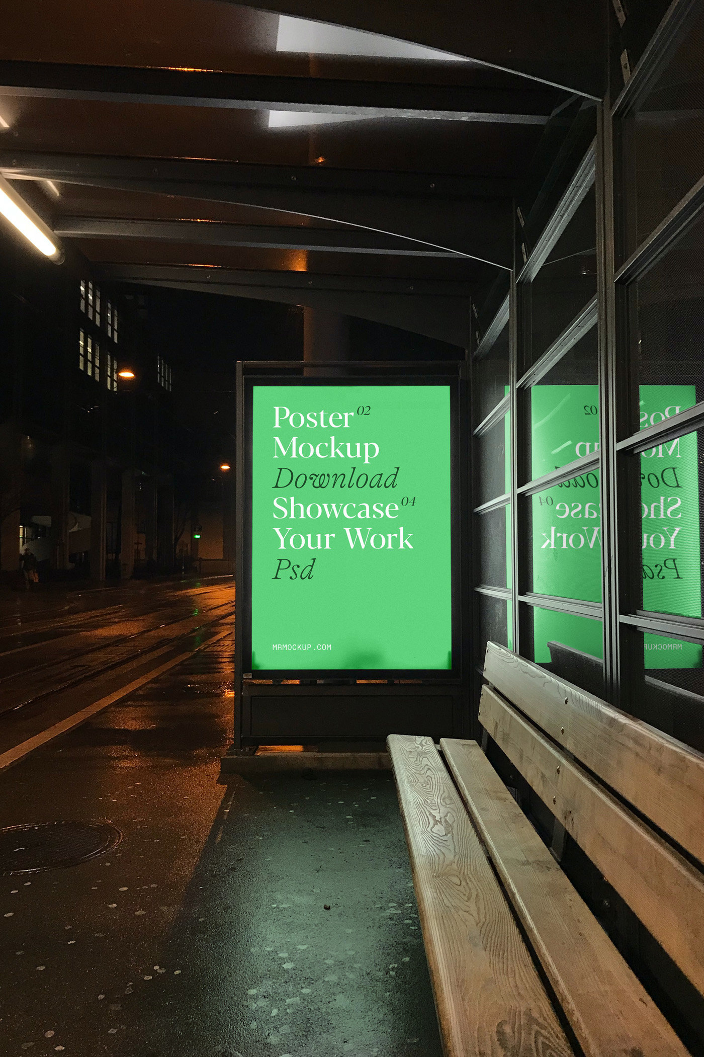 Front View Bus Stop Poster at Night Mockup FREE PSD