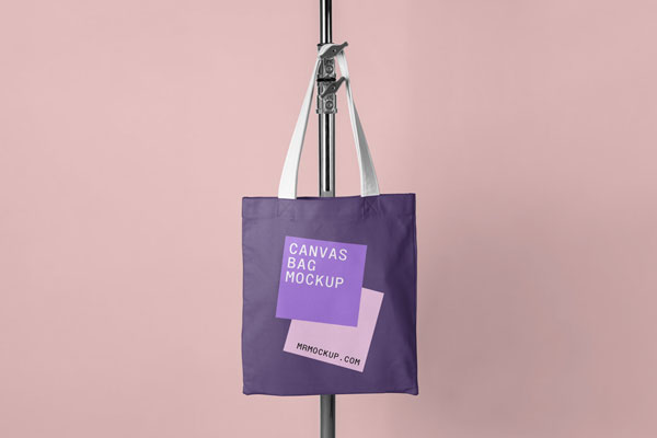 Front View Canvas Bag Hanging on Tripod Mockup FREE PSD