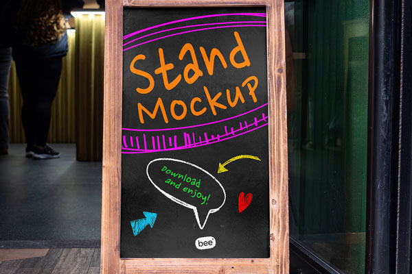 Front View Wooden A Stand Mockup in Front of Coffee Shop FREE PSD