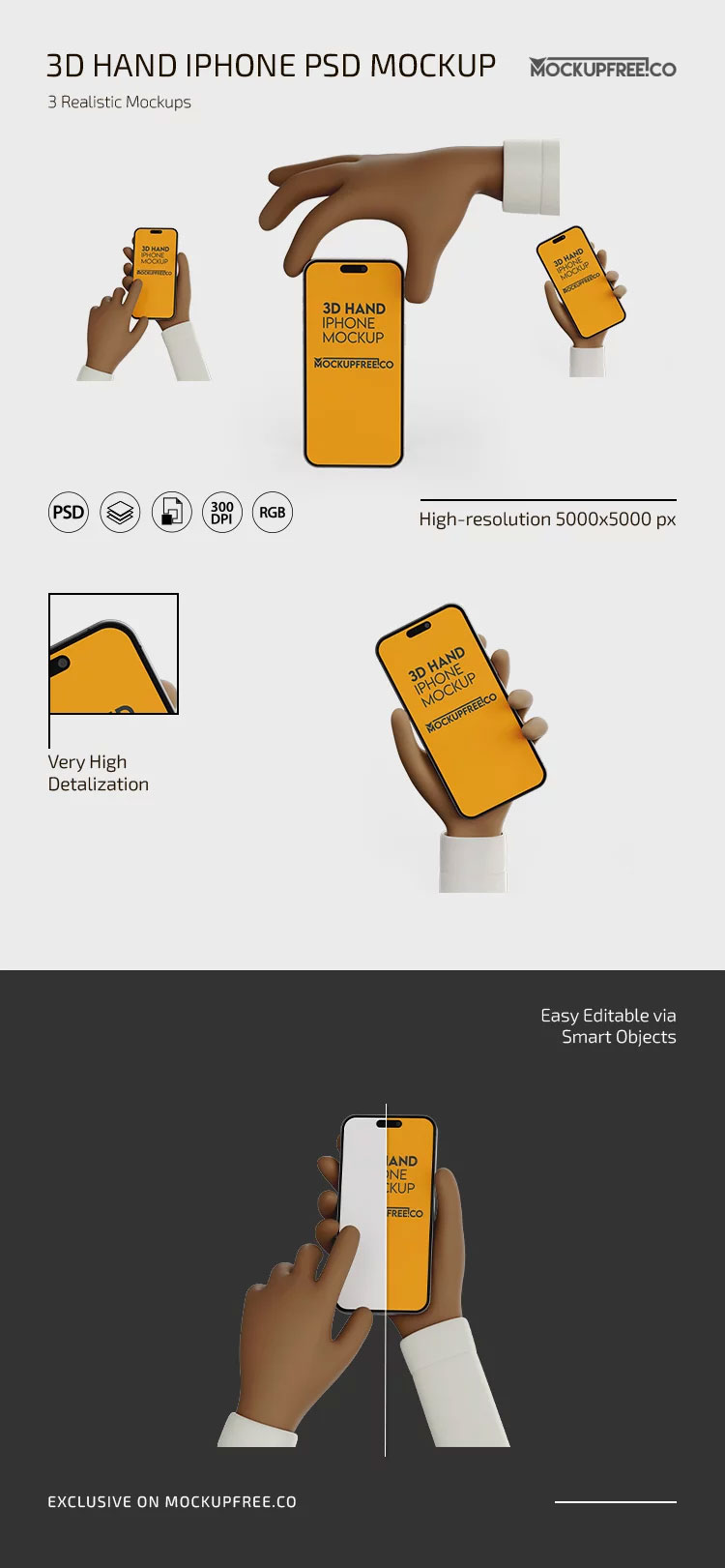 Free 3 Shots of iPhone Mockup in 3D Hand PSD Template